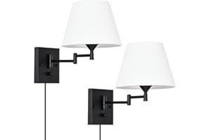 Pauwer Plug in Wall Sconce Set of 2 Swing Arm Wall Lamp with Plug in Cord and Fabric Shade Wall Light Fixtures for Hallway Bedroom Living Room (White Shade)