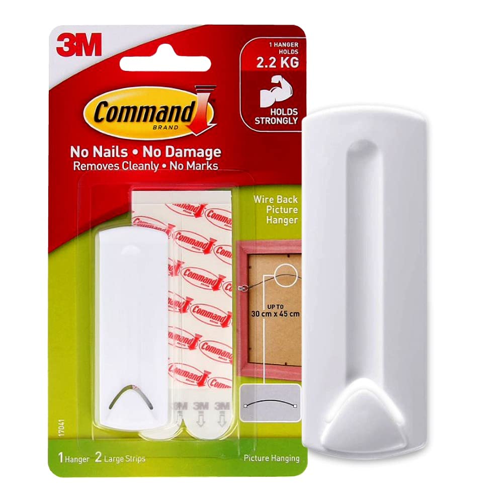 Command Wire-Backed Picture Hanger - 1 Hangers and 2 Large Adhesive Strips, White - Damage Free Hanging - for Wire-Backed Frames - Holds up to 2.2 kg