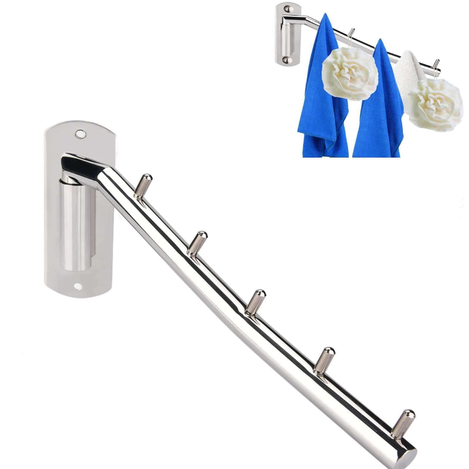 HERCHR Clothes Hanger Rack Swing Arm Wall Mounted Coat Rack with 5 Hooks Stainless Steel Folding Wall Mounted Clothes Coat Hanger Hook Swing Arm Holder for Wardrobe Bedroom Living Room