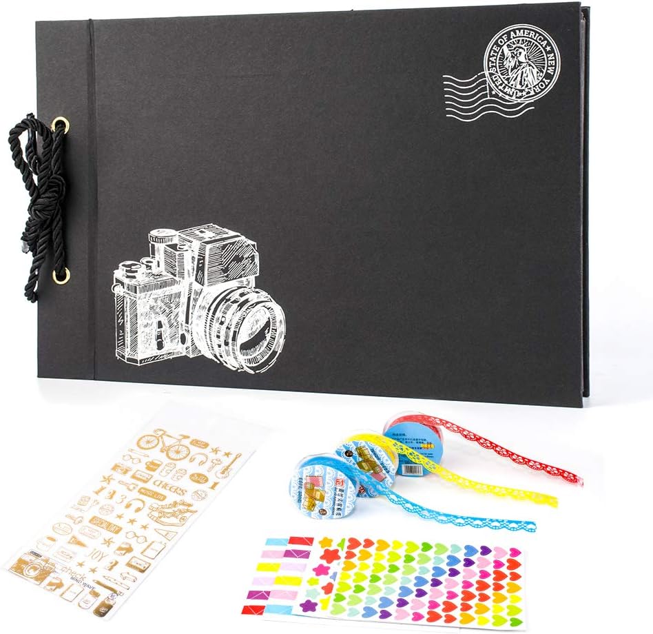 Scrapbook Album, Photo Handmade DIY Family Anniversary Wedding Memory Travel Book 80 Pages with Accessories Kit Wonderful Gift for Birthday Thanksgiving Day (Black)