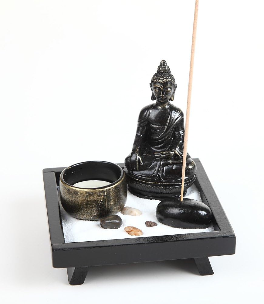 Japanese Zen Garden Kit Thai Sitting Buddha Ornament Statue Candle Holders Natural Stone Rattan Incense Gift Set (Sitting Budha HD38) - Image 4