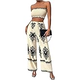WDIRARA Women's 2 Piece Outfits Sleeveless Strapless Smocked Crop Tube Top and Graphic Wide Leg Pants Set