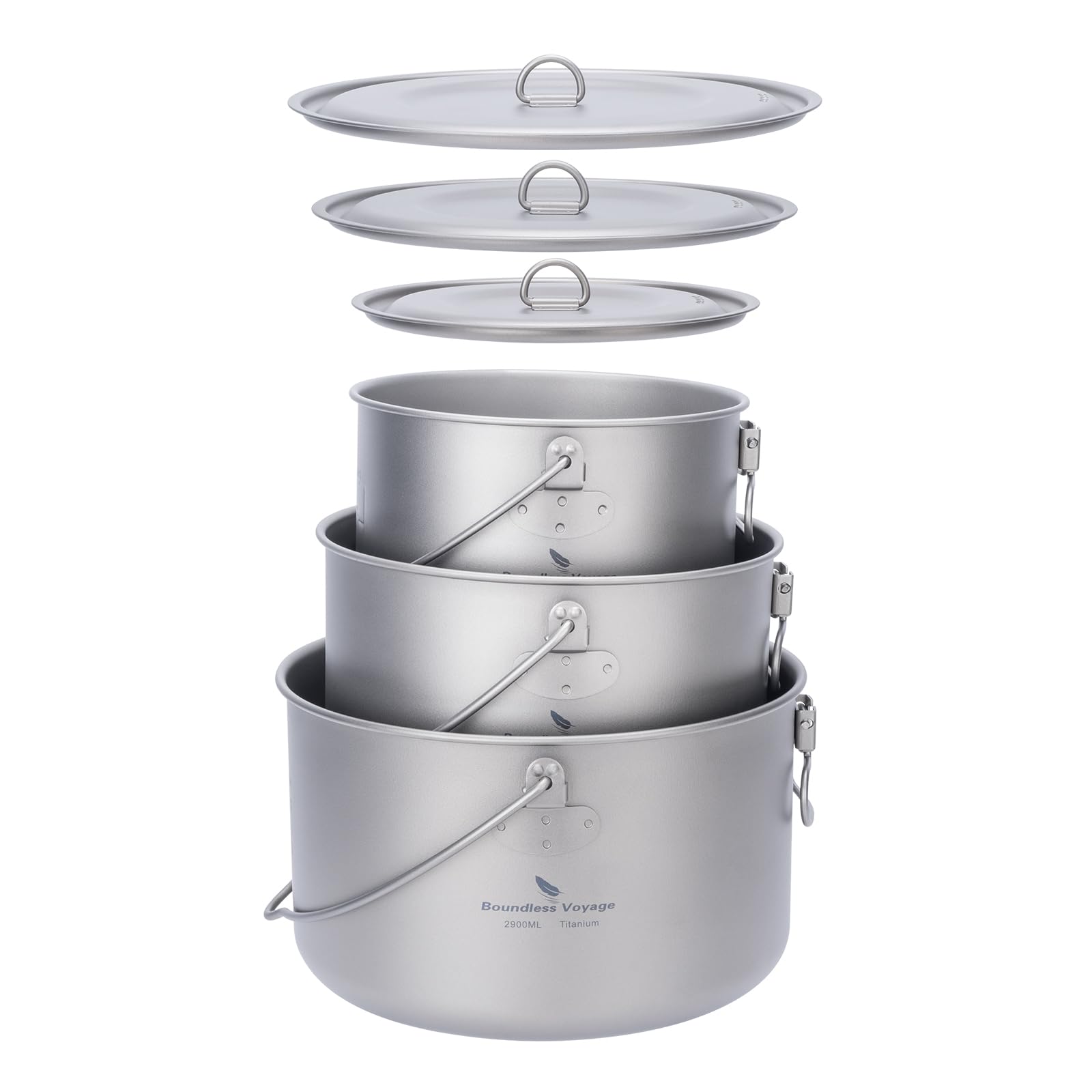 iBasingo Titanium Camping Pot Set 1.3L/1.95L/2.9L Stable Hanging Stockpot with Lid Lightweight Stackable Cookware for 1-4 People, Outdoor Cooking for Backpacking Hiking Bushcraft Ti2056C