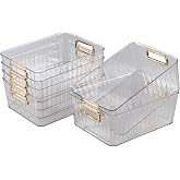 Wakikini Clear Pantry Storage Bin, Plastic Fridge Organizer Basket, 6-Pack | Clear Plastic Container Bin with Easy-Grip Handles for food, Snacks, Pantry, Fridge, Freezer, Cabinet Organization