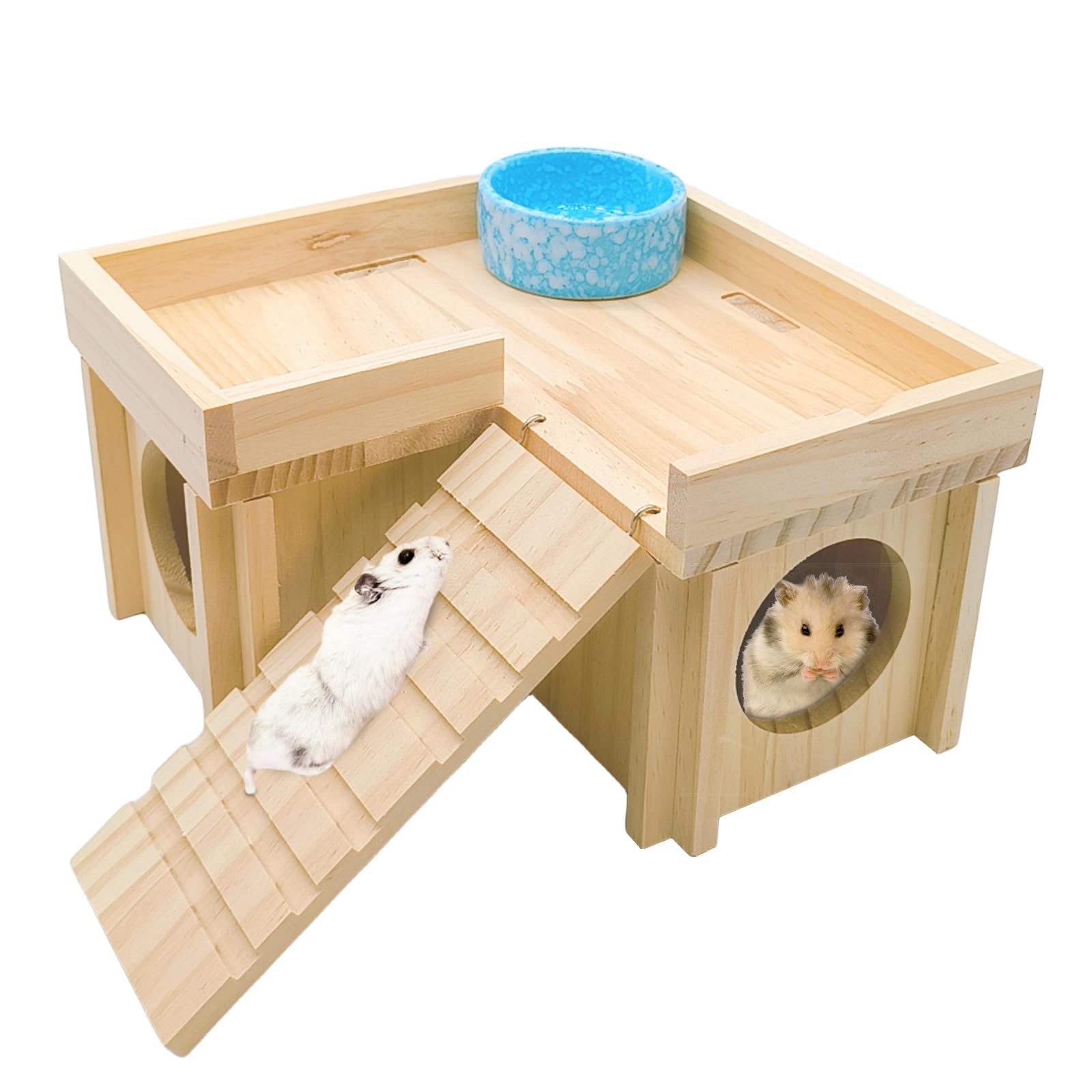 Photo 1 of Acsist Wooden Hamster Hideout Hamster Wood House with Ladder Hides Platform Decor Detachable Small Animals Cage Accessories for Rat Gerbils and Other Small Pets