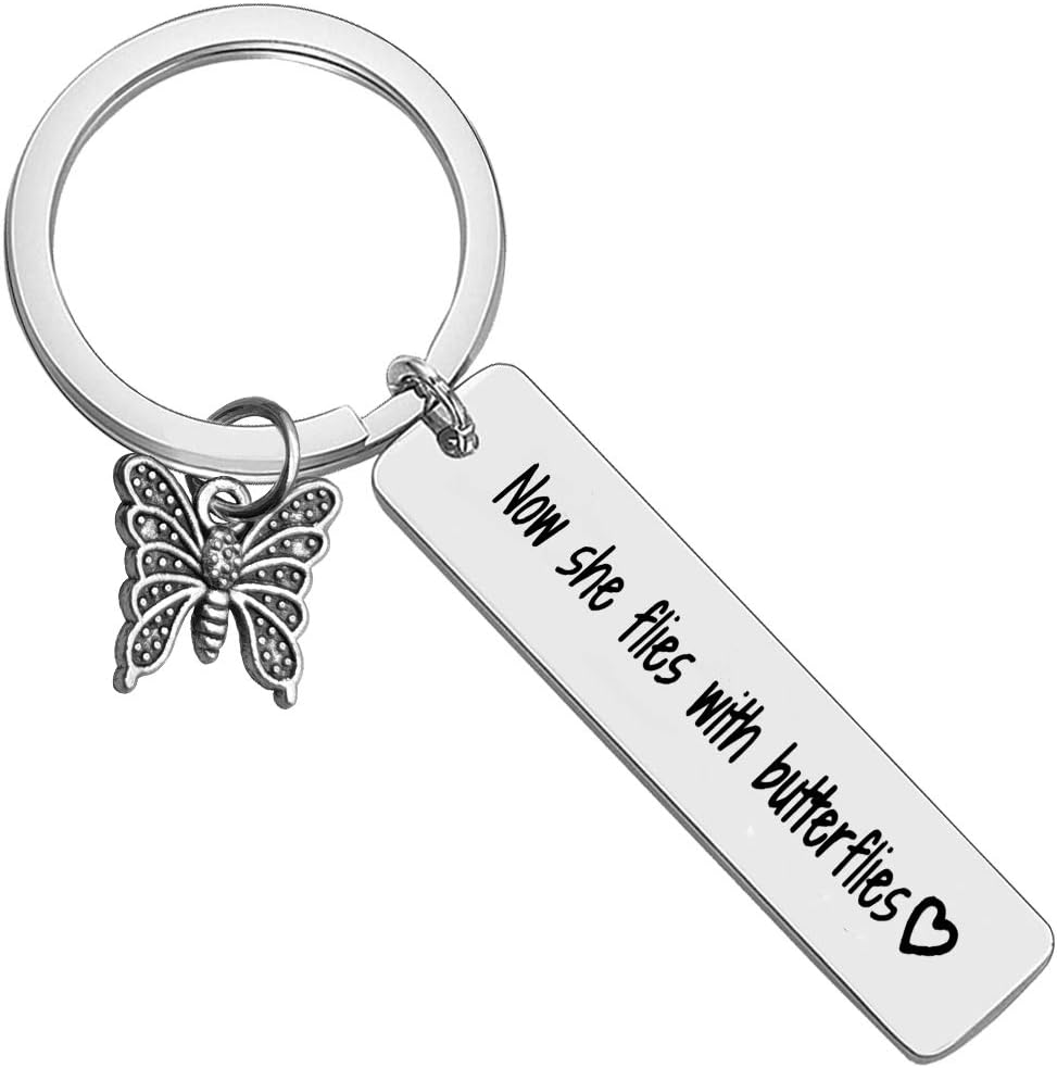Huwujiu Memorial Keyring Gift Now She Flies with Butterflies Keyring Remembrance Gift In Memory of Loved Gift Sympathy Gifts for Loss of Mother Grandmother Sister Daughter Friend
