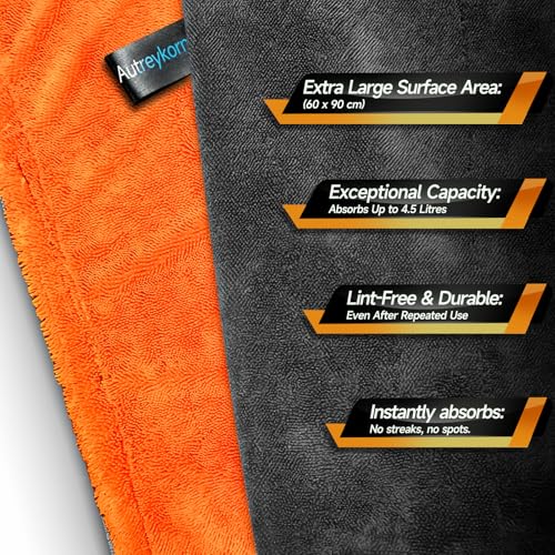 Autreykorn XXL Car Microfibre Cloth (90 x 60 cm) – 1400 GSM Ultra Absorbent Double-Sided Microfibre, for Fast Drying and Streak-free. Perfect for Car, Motorcycle, Boat and Vehicle Detailing