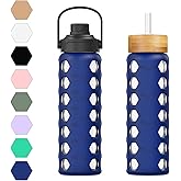 MUKOKO 24oz Glass Water Bottle with 2 Lids-Handle Flip Lid&Bamboo Straw Lid,Motivational Water Tumbler with Time Marker Reminder and Silicone Sleeve, Leakproof-Blue