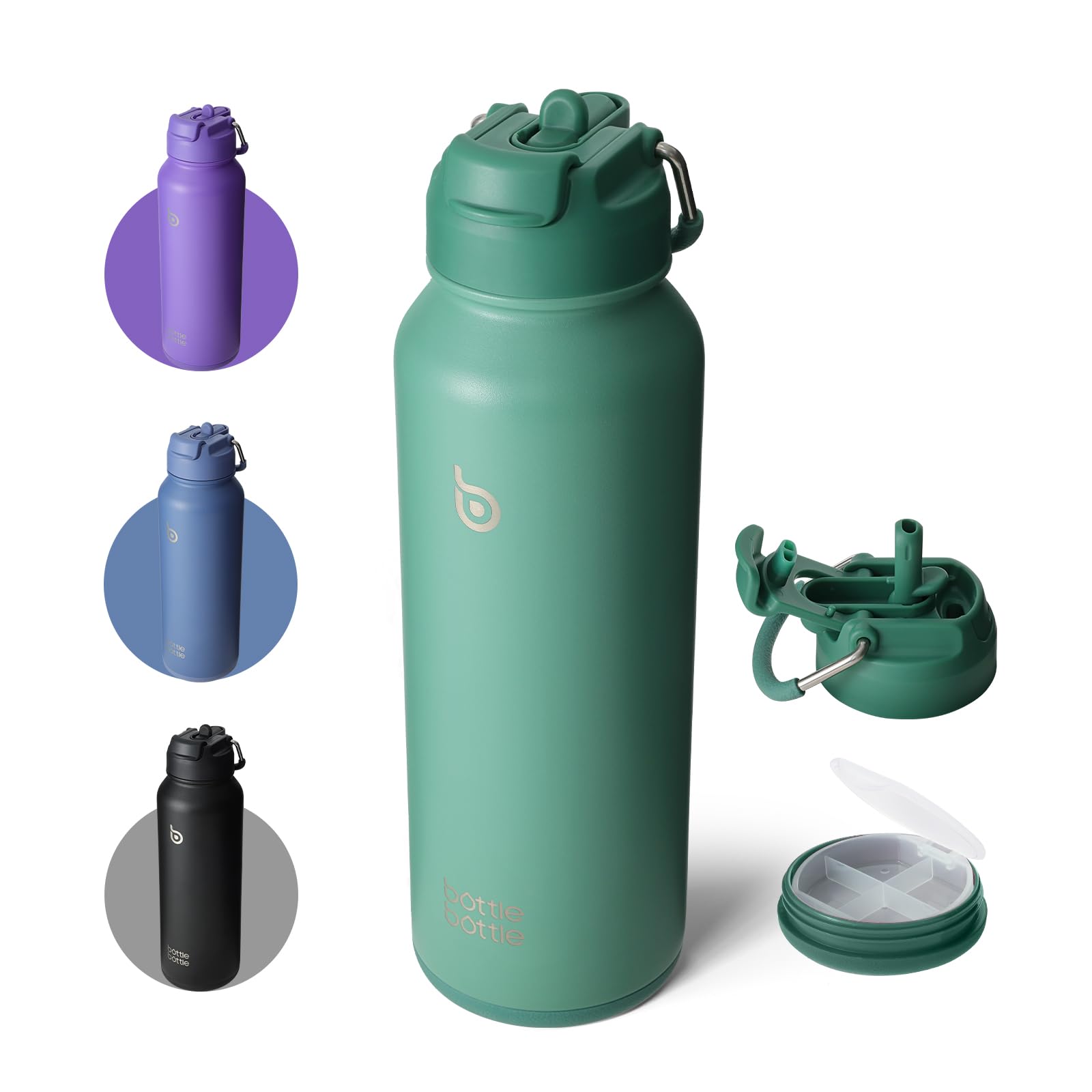 BOTTLE BOTTLE Insulated Water Bottle with Straw 1180ml(40oz) Sports Stainless Steel Water Bottles with Handle Lid Outdoors Drink Flask for Pills (green)