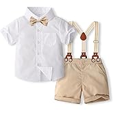 BULINGNA Toddler Baby Boy Gentleman Outfits Short Sleeve Dress Shirt with Bowtie + Suspender Shorts Summer Suits Set 1-5T