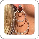 Andelaisi Boho Rhinestone Circle Earrings Silver Crystal Circle Dangle Earrings Large Crystal Cz Circle Drop Hoop Earrings Vintage Rhinestone Circle Exaggerate Earrings Jewelry for Women