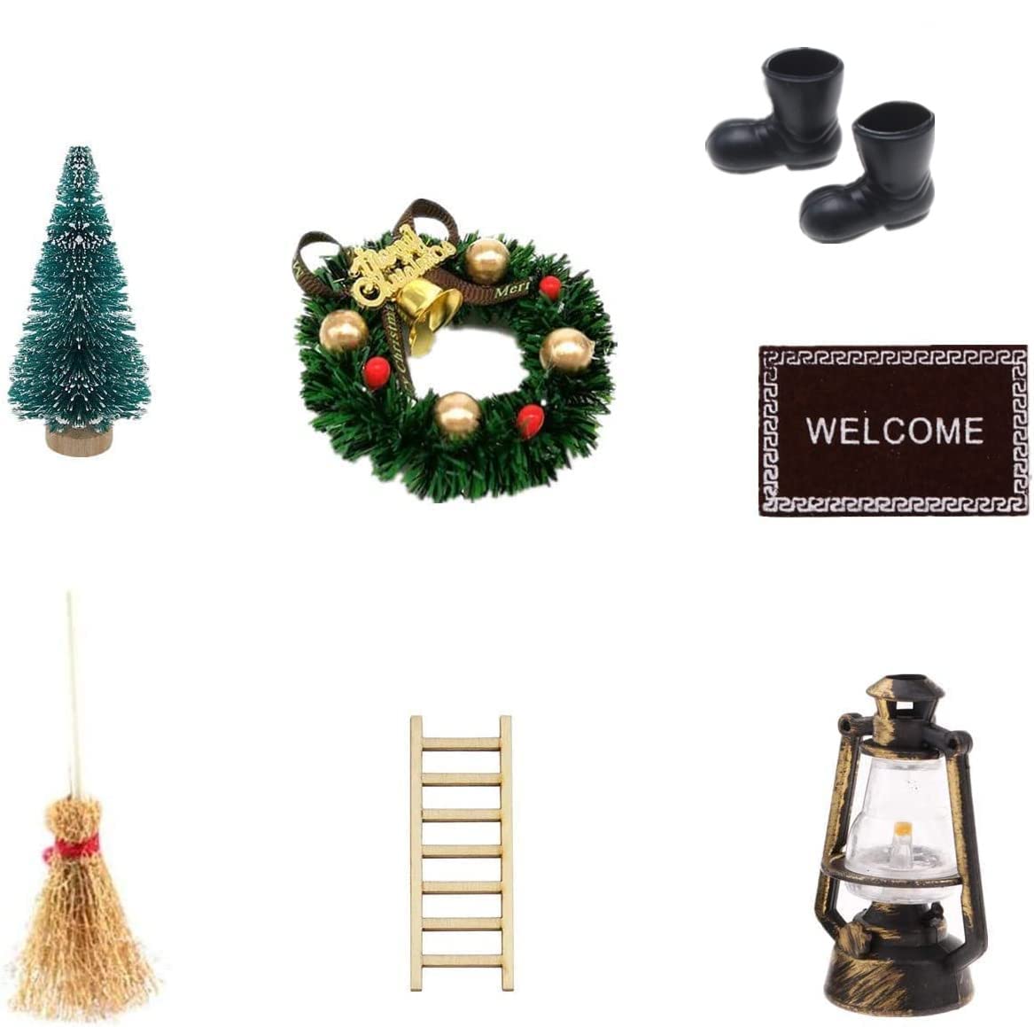 Super Idee Miniature Christmas Decorative Set - Gnome Door Accessory Set - Brown Birch Wood Rustic Traditional Accessory for Dollhouse, Room Box, House Model