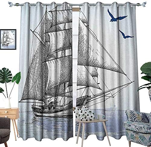 luvoluxhome Dining Room Curtains Window Treatment 2 Panels for Living Room/Bedroom Sketch Sailboat On Sea with Bird Retro Drawing Marine Theme Print Light Blue 96.5"X72"