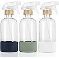 HOMBYS Empty Bamboo Glass Spray Bottles with Silicone Sleeve Protection - Refillable 17 oz Clear Glass Containers for Cleanin