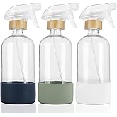 HOMBYS Empty Bamboo Glass Spray Bottles with Silicone Sleeve Protection - Refillable 17 oz Clear Glass Containers for Cleanin