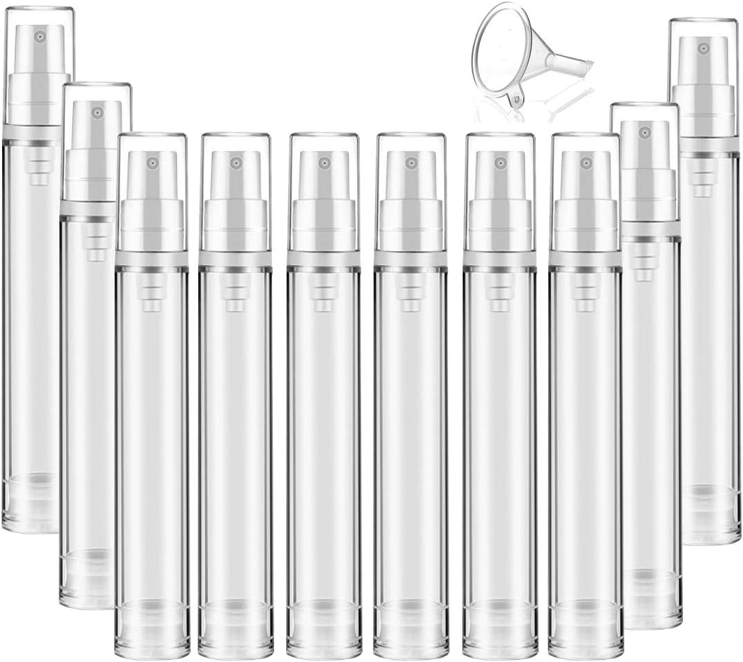 FNBK 10 pieces empty cosmetic pump bottle, spray bottle, essence bottle, cosmetic packaging bottle, perfume, cosmetic dispenser travel bottle set, (10 pieces x 15ml, clear)