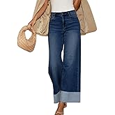 Jyutia Women's High Waisted Wide Leg Jeans Stretch Frayed Raw Hem Straight Leg Boyfriend Cuffed Jeans Trendy
