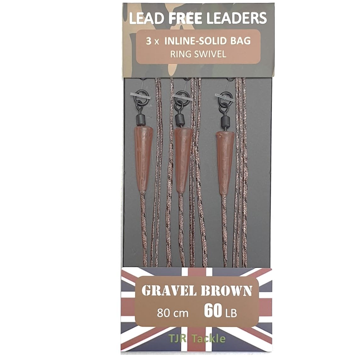 TJR Tackle Solid Bag Inline Leaders Lead Free Ring Swivels 60lb Test 3 per pack Carp Fishing Tackle (Gravel Brown)