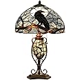 Bieye L10954 Raven Sitting on Bare Tree Branch in Full Moon Night Tiffany Style Stained Glass Table Lamp for Home Decor (Dark Blue, 16Wx24H)