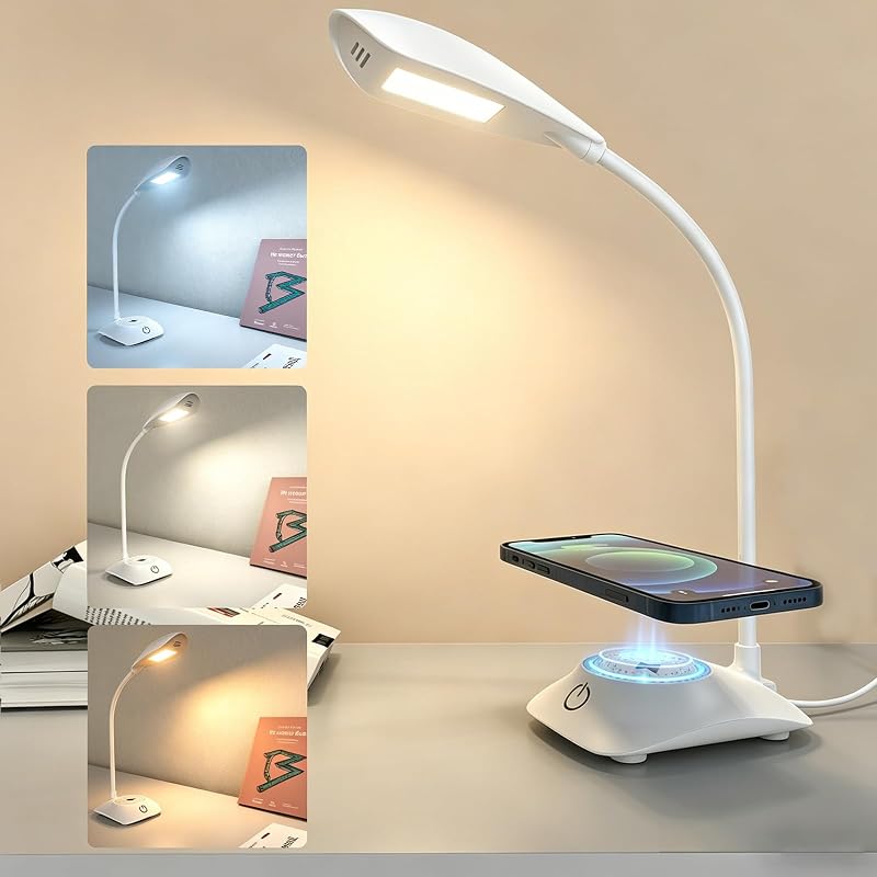Lampe de Bureau LED avec Chargeur Sans Fil Magnétique MagSafe 15W, 3 Températures de Couleur et Dimmable, 600LM, CRI85, Col Ajustable, pour Home Office Étude Chambre, Blanc