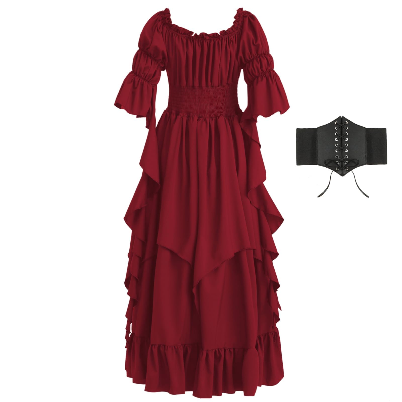 Photo 1 of **POSSIBLY RUNS BIG**** WYZJL Renaissance Dress Women Gothic Witch Dress Medieval Ruffle Victorian High Low Dress Costume Accessories Set with Corset Belt, Burgundy L/XL