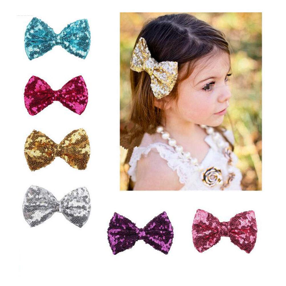 6pcs Party Sequin Hair Bow Clips Sparkle Glitter Sequins Bows Clips 4 Hair Bows Alligator Clip Hair Pins Hair Accessory for Baby Girls Kids Toddlers Children (Mix Color)