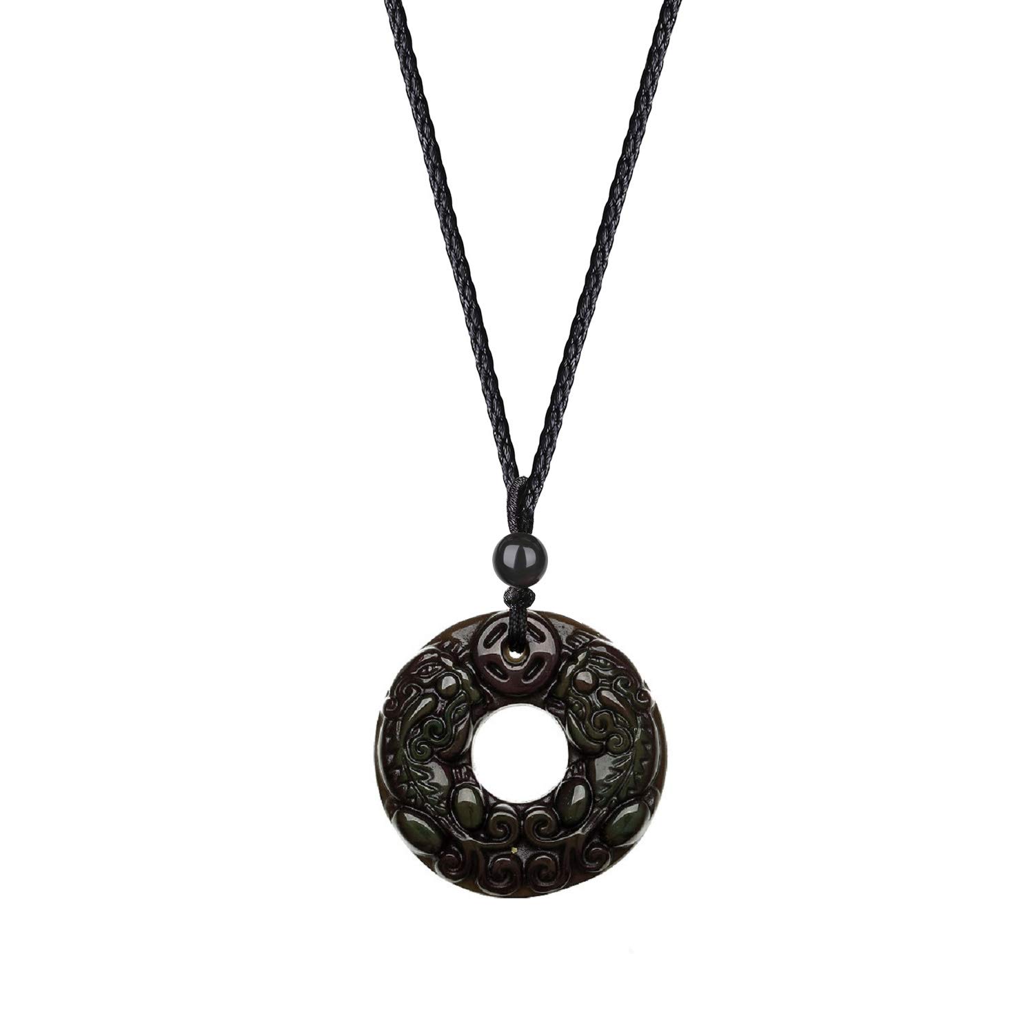 COAI Chinese Fengshui Pixiu Necklace, Black Obsidian, Unisex Adult, 1.3x0.28 Inch, 35-70cm Cord, Fashion Jewelry