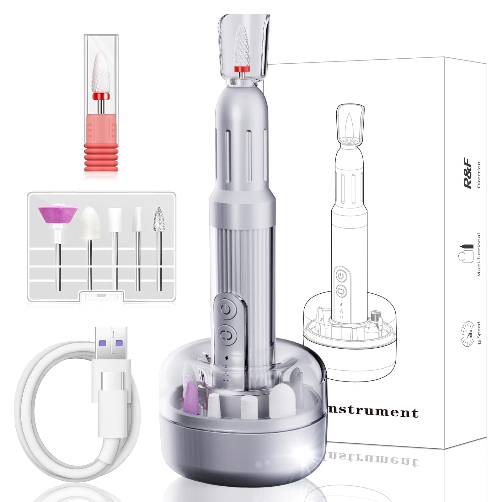 Electric Nail Files Professional Nail Drill for Gel/Acrylic Nails, 18000 RPM Adjustable Speed E File, Manicure Pedicure Set with Ceramic Nail Bit,Rechargeable Base,Low Vibration,Low Noise for Beginner