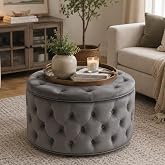 Homebeez 28 Inch Round Storage Ottoman, Velvet Button Tufted Ottoman, Removable Lid Coffee Table, Upholstered Hidden Storage Footrest Stool for Living Room, Bedroom, Gray