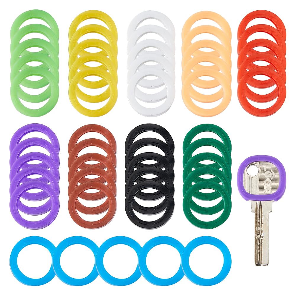 DICOSMETIC 50Pcs 10 Colors Key Cap Covers Key Identifier Rings Plastic Key Protector Sleeve Rings Label ID Round Key Toppers Key Coding Rings for Standard Flat House Keys