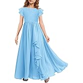 MITILLY Girls Lace Flower Maxi Dress Ruffle Sleeve A-Line Flowy Junior Bridesmaid Chiffon Dresses for Wedding Party