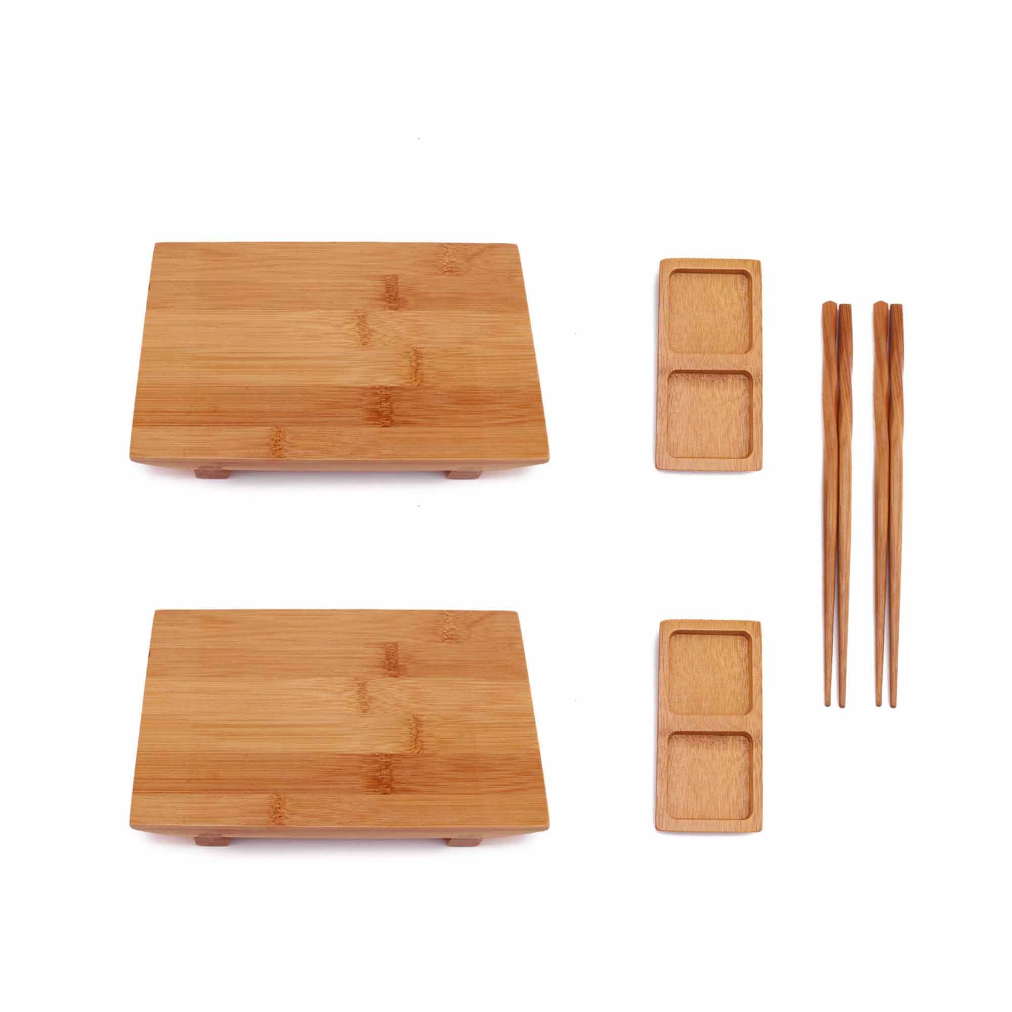BambooMN Bamboo Sushi Plate/Tray, Chopsticks and Compartment Sauce Dish, 8.3" Rectangle - 2 Sets