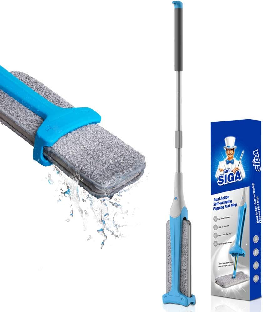 MR.SIGA Easy Self-wringing Flipping Flat Mop, Double Sided Lazy Mop for Laminate, Tile, Hardwood Floor, Wet & Dry Mopping in 2 Sides, Pad Size 12.5’’X 4.3’’(32 x 11cm)