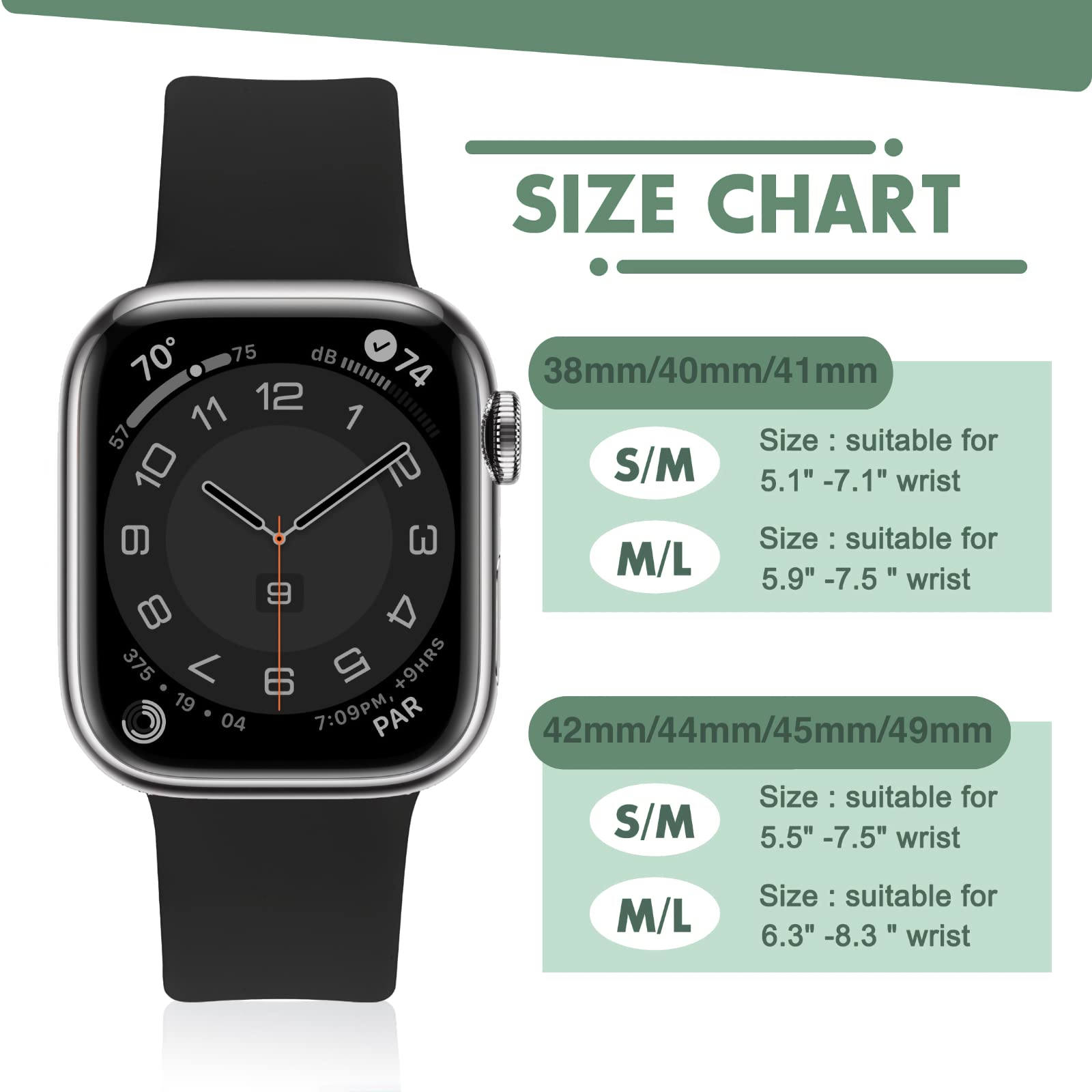 Tighesen Apple Watch Silicone Replacement Sports Band for iWatch Ultra 2/Ultra/SE/9/8/7/6/5/4/3/2/1, Soft, Breathable, Shockproof, Unisex, 1.5 / 1.6 / 1.6 in (38 / 40 / 41 mm), Size S / M, Black