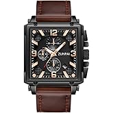 senstone Men's Square Chronograph Quartz Watch Waterproof Luminous Wristwatch with Date Calendar, Leather Strap Stylish Casual Dress Watch for Men