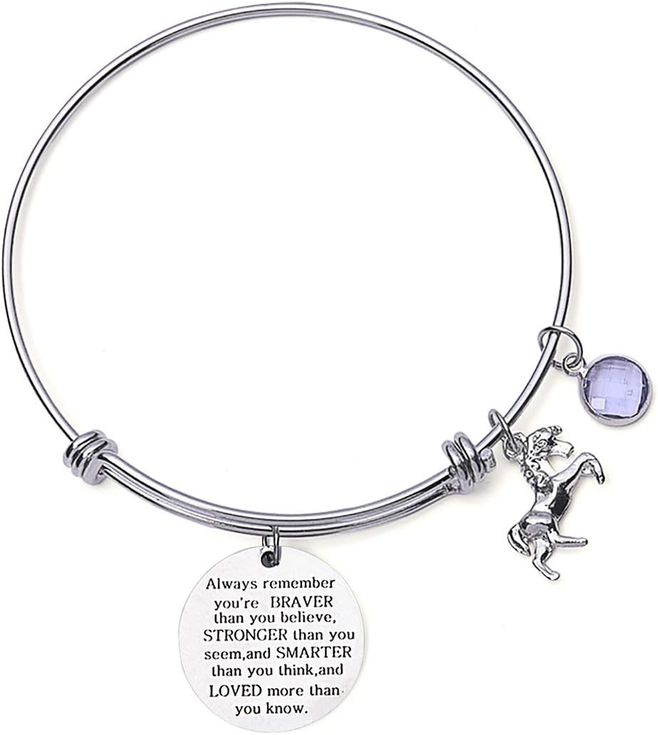 Inspirational Jewelry Birthstone Unicorn Bracelet for Girls Women, Stainless Steel Expandable Wire Bangle, Engraved with Always Remember You are Braver (February)