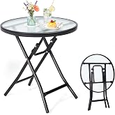 GIANTEX Outdoor Folding Side Table w/Tempered Glass Tabletop &amp; Metal Frame | Round Small Patio Table with Safety Lock, Glass End Table All Weather Outdoor Indoor Use for Porch Balcony, Black + Frosted