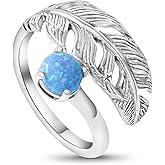 925 Sterling Silver Adjustable Feather Ring For Women with Blue Opal Gemstone; Open Ended Spiral Ring; Dainty Feather Sizable Ring Jewelry Wrap and Fit to Every Finger, Handmade Jewelry For Women