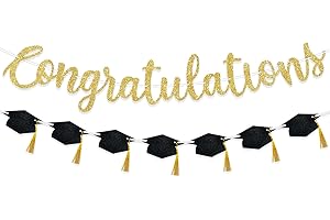 2 PCS Graduation Decorations 2026, Pre-Strung Glitter Graduation Banner with Real Gold Tassels, Graduation Cap Garland, 2026 