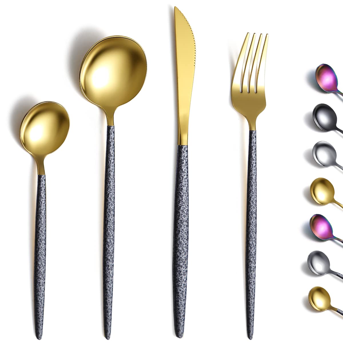 Kyraton Cutlery Set 24 Pieces with Moon Surface Black Handle and Shiny Gold Mouth Titanium Coating Stainless Steel Modern Cutlery Set Utensils Set,Dishwasher Safe, Service for 6