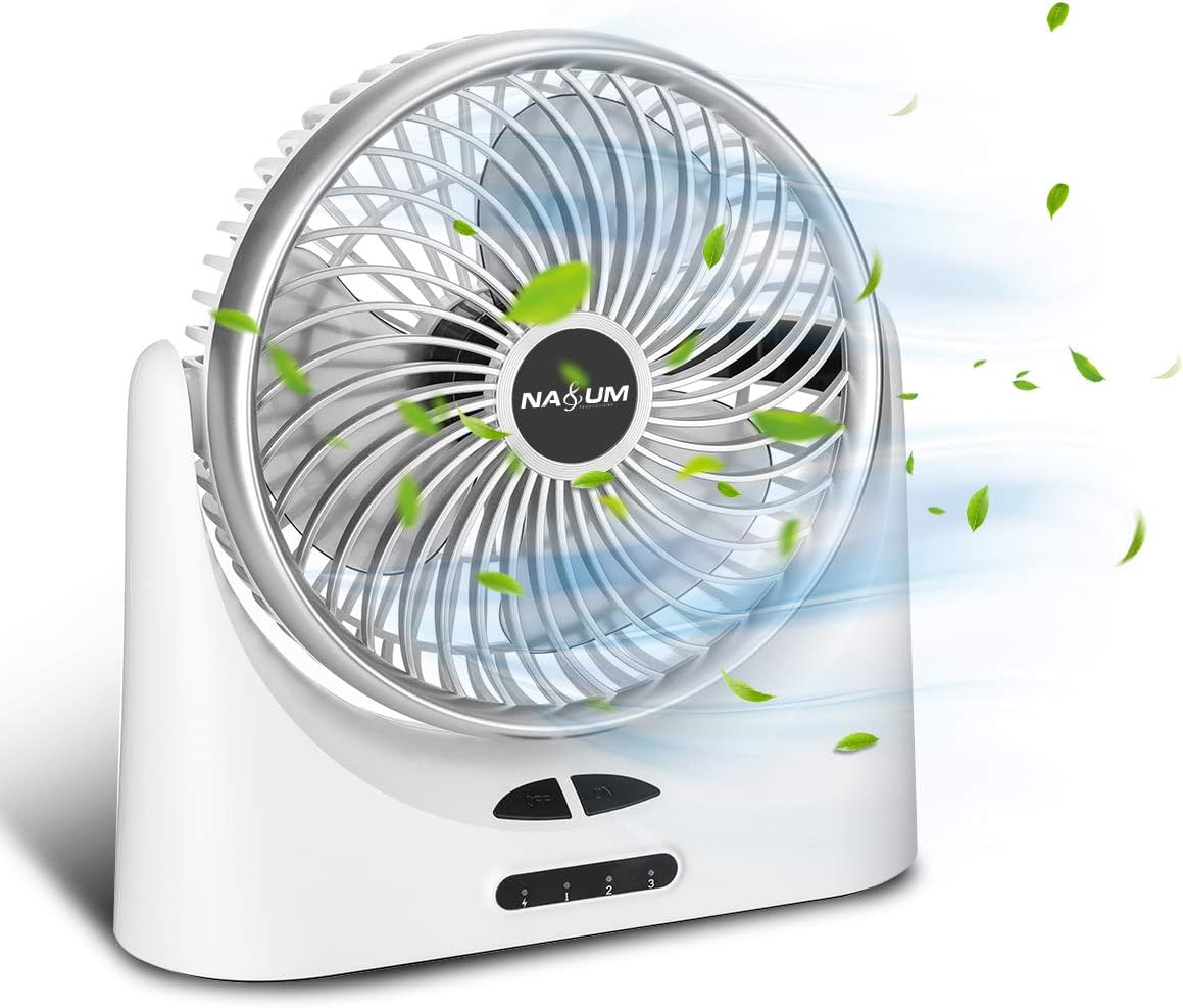 Desk Fan, NASUM 7-inch Rechargeable Personal Table Fan, Mini Cooling Fan with Led Light for Office/Home/Travel, 120 Degree Rotated, USB Fan & Battery Powered Fan (3 Speed) - Silver