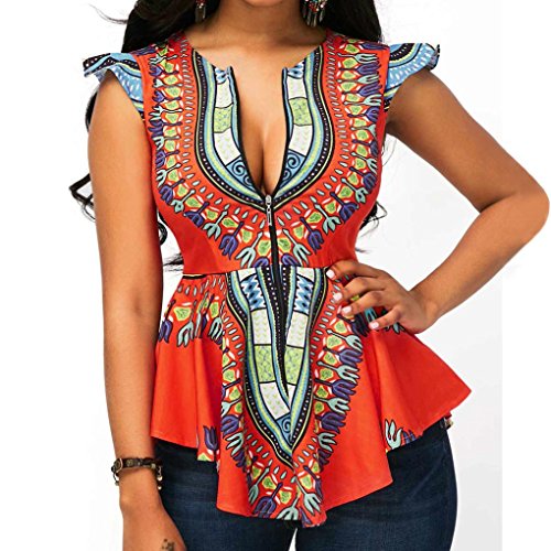  Mysky Women Clearance,Women Asymmetric Hem Cap Sleeve Bohemian Ethnic Style Flower Printed Zipper Closure Blouse Tops (Multicolor, L)