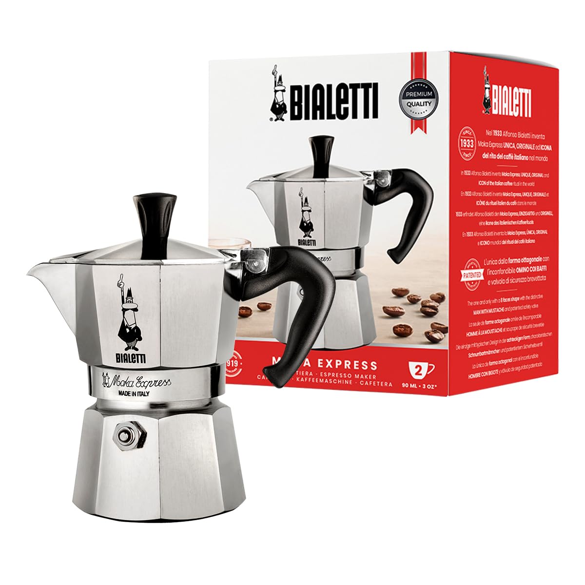Bialetti Moka Express Aluminium Stovetop Coffee Maker (2 Cup), 8x11x11 cm, Silver