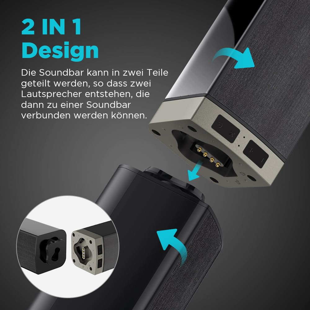 HoYLluDLL 2.0-Kanal Soundbar für TV Geräte, 32 Zoll Teilbare 2-in-1 Soundbar für TV Soundbar Bluetooth mit 3 EQ-Modi und 3D Surround Sound, TV Lautsprecher Soundbars mit ARC/Optisch/Aux, 1pcs 3