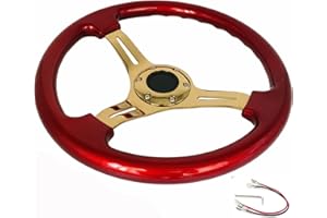 YEHICY Universal Red Wood Grain Steering Wheel Gold Spoke 14"(350mm) Classic Vintage Racing Steering Wheel with Horn Button