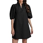 EZAPINE Women Babydoll Mini Dress Summer Casual Cotton V Neck Puff Lantern Sleeve Loose A Line Cute Dress