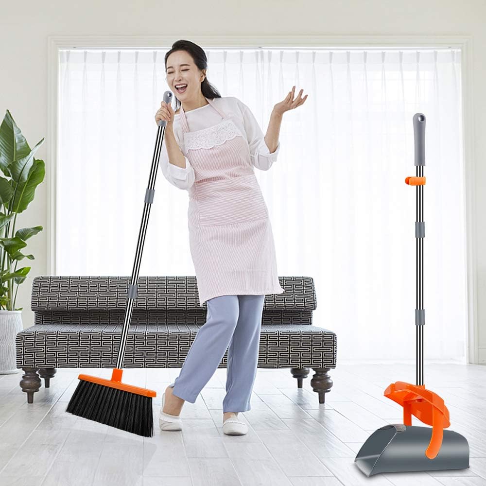 Kelamayi Dustpan and Broom Set,Stainless Long Handle Commercial Dust Pan Broom Combo Foldable Stand Dust Pan Sweep Set,Ideal for Pet Dog Hair Home Kitchen Office Cleaning: Home & Kitchen
