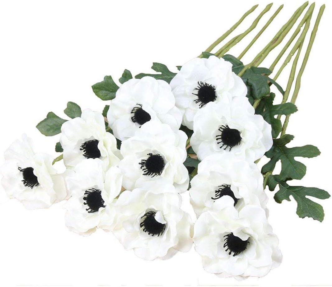 10Pcs Artifical Anemone Silk Rose Flowers with Green Foliage Bouquet Room Home Decor Wedding Holidays Decor (White)