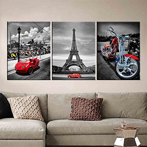 YPY Eiffel Tower Wall Art Red Car Motorcycle Picture Prints On Canvas for Home Bedroom Decoration 3 Panels