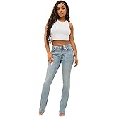 True Religion Women's Becca Mid Rise Bootcut Crystal Flap - Single Needle Stitching Peak Spot Jeans Pant
